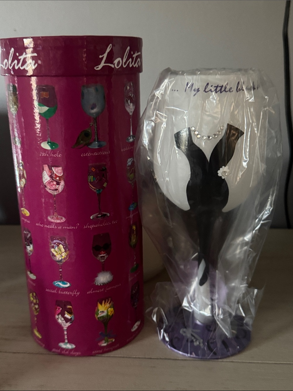 Lolita Little Black Dress Hand Painted Wine Glass - NIB